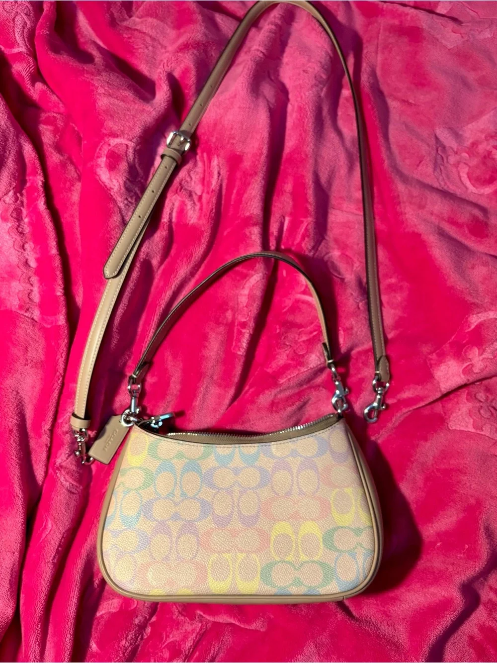 Coach rainbow Pastel Multicolor Signature Shoulder Bag with Tan Trim